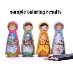 a group of wooden dolls sitting next to each other with the words sample coloring results