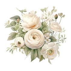 a bouquet of white flowers with green leaves and buds on a white background, watercolor painting