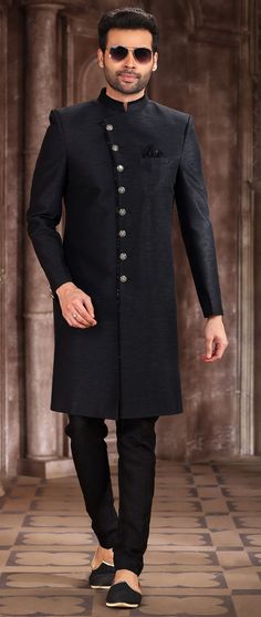 Wedding Black and Grey color Art Silk fabric Sherwani : 1886923 Black Embroidered Bandhgala Kurta, Black Nehru Jacket With Zari Work, Black Bandhgala Straight Kurta, Ceremonial Black Kurta With Dabka, Festive Black Straight Kurta Bandhgala, Black Embroidered Sherwani Straight Kurta, Black Straight Kurta Bandhgala For Festive Season, Black Long Sleeve Designer Bandhgala, Ceremonial Black Kurta With Dabka Details