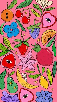 an illustration of fruits and vegetables on a pink background