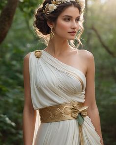 Greek Dresses Style Ancient Greece, Goddess Looks Inspiration, Greek Mythology Dresses, Greek Fantasy Outfit, Greek Godesses Outfit, Ancient Greek Dress Goddesses, Greek Goddess Dress Gowns, Greek Outfit Ideas Goddesses, Female Greek Goddess