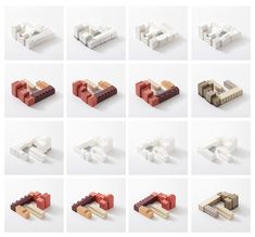 nine different types of legos are shown in this image, including one red brick and the other white