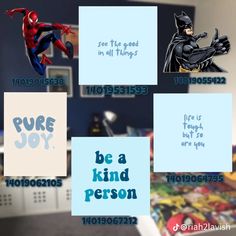 some pictures with different words on them in the same language, and an image of a spiderman