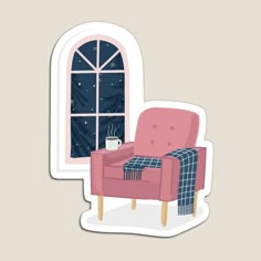 a pink chair sitting in front of a window with a blanket on top of it