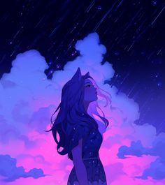 a woman standing in the rain under a purple sky