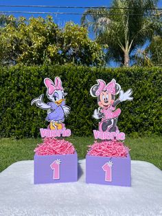 two minnie mouse cupcakes sitting on top of a table