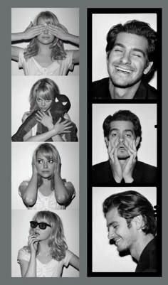 black and white photo collage of people smiling with their hands on their face, one woman covering her eyes while the other man covers his mouth