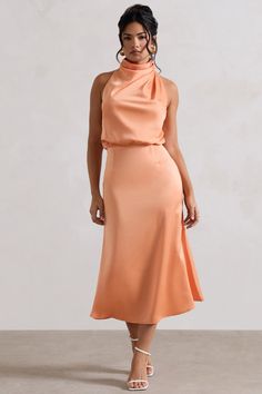 Geena | Peach Satin Twisted High-Neck Midi Dress High Neck Midi Dress, Club L London, Black Dress Prom, Black Tie Gala, Peach Dress, Party Dress Long Sleeve, Bridesmaid Outfit, Black Sequin Dress, Black Velvet Dress