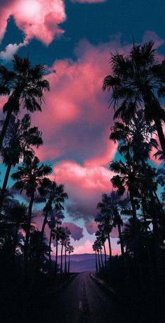 the sky is pink and blue with palm trees on either side of the road in front of it