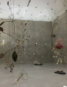 an arrangement of dried flowers and plants on display in a room with concrete walls behind them