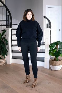 StyleDahlia wearing elevated sweatshirt, black pants and leopard booties. #styledahlia #allblackoutfits #elevatedsweatshirt #styleover40 #over40style #leopardbooties #outfitinspriation Midlife Fashion, Wearing All Black, Black Outfits, Black Accessories, In Bloom, Black Jacket, Black Coat