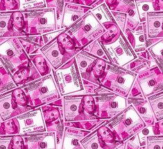 a lot of money that is pink and has one hundred dollar bills on it's side