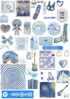 an assortment of blue and white items are arranged in the shape of a collage