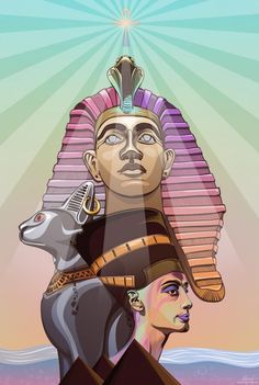 an egyptian man and woman are depicted in this digital art style illustration, with the sun shining behind them