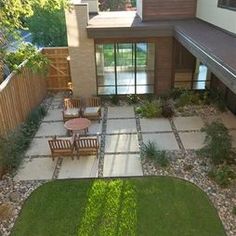 an aerial view of a backyard with lawn and patio furniture, as well as the back yard