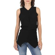 Proenza Schouler Ladies Tops. Fashion category: Shirts & Blouses. SKU: R1934001-200. Color: Black. An armless top from Proenza Schouler with asymmetric design and v-neckline. Zipper at the back for closing. Material: acetate 77%, polyester 23%. This top runs small - we recommend sizing up by one size. Size: 0.  Gender: female.  Age Group: adult. Ladies Tops, Tops Fashion, Casual Vest, Sleeveless Tunic, Summer Tank Tops, Black Textures, Running Tops, Asymmetrical Design, Shirts Blouses