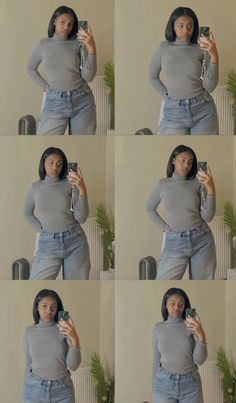 four pictures of a woman taking a selfie with her cell phone and wearing jeans