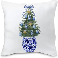 Amazon.com: Nvotell Chinoiserie Christmas Tree Pillow Cover - Christmas Blue and White Pillow Cover 18x18, Blue Coquette Bows Christmas Tree Room Decor : Home & Kitchen Tree Room Decor, Christmas Tree Room, Bows Christmas Tree, Blue Coquette, White Pillow Cover, Blue And White Pillows