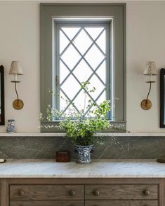 there is a potted plant on the counter in front of two mirrors and a window