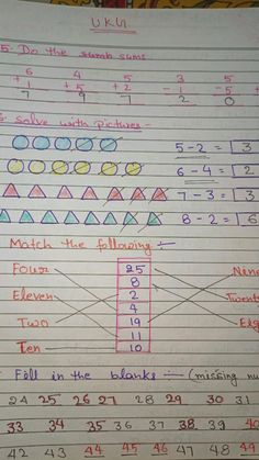 a piece of paper with writing on it and numbers written in different colors, sizes and shapes