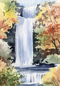 a watercolor painting of a waterfall surrounded by trees