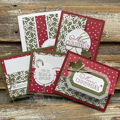 four christmas cards, one with holly and the other with white dots on red paper