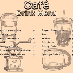 the coffee menu features different types of drinks and their preparation steps to make it tasteful