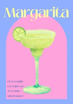 the margarita cocktail poster is shown in pink and blue