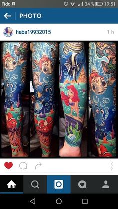 this is an image of some tattoos on someone's arm and leg, with the little mermaid