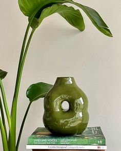 a green vase sitting on top of a stack of books next to a large plant