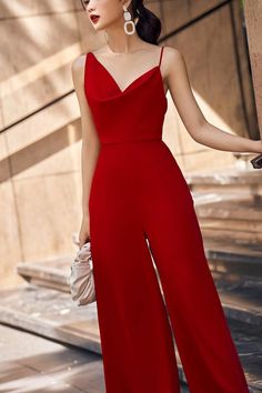 Red Jumpsuit Formal, Red Prom Jumpsuit, Bridesmaids Jumpsuits Wedding, Red Wedding Jumpsuit, Women’s Jumpsuit Formal, Silk Jumpsuits For Women, Red Jumpsuits, Red Jumpsuit Outfit Casual, Silk Jumpsuit Wedding