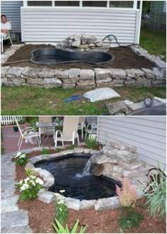 an outdoor pond is built into the side of a house