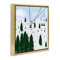 a painting of people skiing and snowboarding on a ski lift in the mountains with pine trees