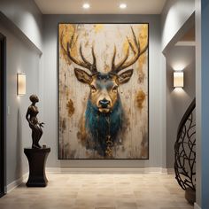 a painting on the wall of a hallway with a deer's head in gold and blue