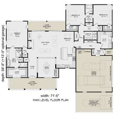 the main level floor plan for a home with two master suites and an attached garage