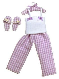 a doll outfit and shoes are shown in purple checkerboard pattern, with white shirt and pants