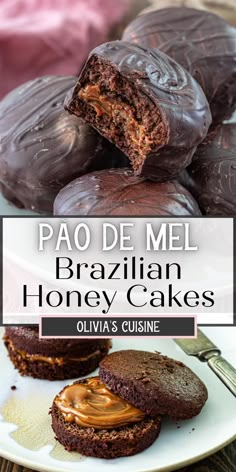 some chocolate cookies are on a plate with the words pao de mel brazilian honey cakes