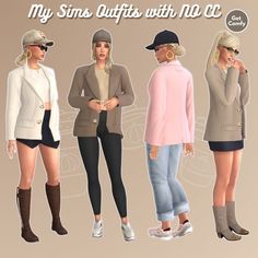 three women wearing hats and jackets standing next to each other with the caption my sings outfits with no cc