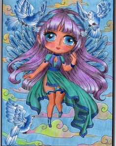 a drawing of a girl with purple hair and blue eyes, flying birds in the sky