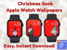 three watches with christmas gnomes on them and the text, apple watch wallpapers easy