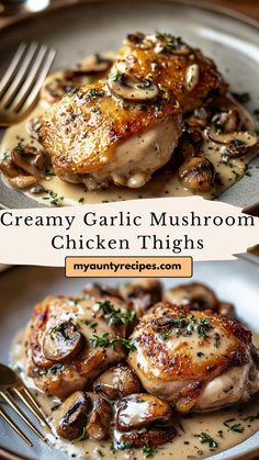 creamy garlic mushroom chicken thighs with mushrooms and gravy