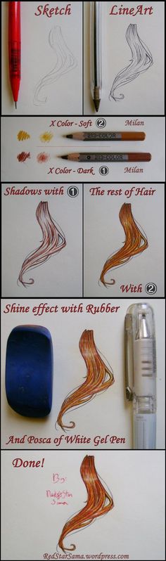 the steps in how to draw hair with pencils and watercolng pens on paper