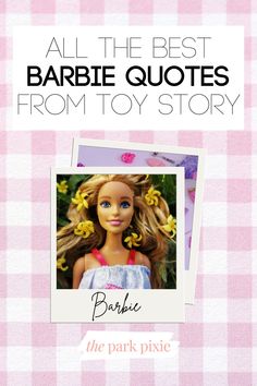 Graphic with a pink gingham plaid background and a stack of Polaroid-style photos in the center. The top photo has a close-up of a Barbie doll. Text above the photo says "All the Best Barbie Quotes from Toy Story." Toy Story Barbie, Toy Story Toons, Barbie Quotes, Toy Barn, Toy Story 3, Hawaiian Vacation, Disney Quotes, Barbie And Ken, Barbie Girl