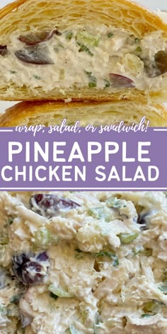 Pineapple chicken salad with chicken, grapes, pineapple, almonds, green onions, and celery in a pineapple juice mayo dressing. Serve inside croissants. Pineapple Chicken Salad Sandwiches, Chicken Salad Recipe Pineapple, Chicken Salad With Pineapple Recipe, Chicken Salad Cream Cheese Recipe, How To Serve Chicken Salad, Fruit Chicken Salad Recipe, Pineapple Mayo Sauce, Chicken Pineapple Salad Recipes, Chicken Salad With Cream Cheese And Mayo