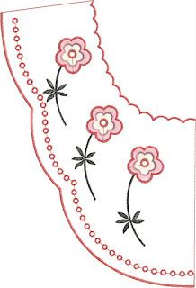 an embroidered piece of cloth with pink flowers on the edge and white border around it