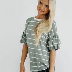 Journey Five | Alder Stripe Top Jeans And Sandals, Ruffle Sleeve Top, Stripe Top, Ruffled Sleeve Top, Casual Top, Dolman Sleeve, Casual Tops