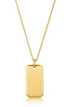 14k gold vermeil dog tag pendant necklace. Lobster clasp closure. Approx. 24" chain length. Made in the USA Male Necklace Gold, Yellow Gold Dog Tag Necklace For Everyday, Everyday Gold Dog Tag Necklace, Yellow Gold Tarnish-resistant Dog Tag Necklace, Modern Gold Dog Tag Jewelry, Gift Dog Tag Necklace With Cable Chain, Rectangular Tag Jewelry For Gifts, Classic Tarnish Resistant Dog Tag Necklace, Gold Tag Necklace