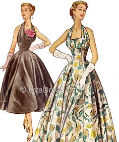 "Originally from McCall's, the short version (Style B - 7-pieces) is sold separately or both Style A (long version with shaped facings in the skirt - 17 pieces) and Style B are sold together. The long skirt of Style A has deep scallops at each gore in the hem. Each style fits 32 to 38\" bust, 26 to 32\" waist and 35 to 41\" hip, BUT only the bodice is multi-sized. I included a diagram and text instructions on how to re-size the skirt pieces. I issued the pattern in this format in response to cus Fitted Full Skirt Dress For Vintage Fashion, 50s Couture, Evening Gown Pattern, Halter Dress Pattern, Halter Evening Dress, Evening Dress Patterns, 1950s Sewing Patterns, Sewing Vintage, Retro Sewing Patterns