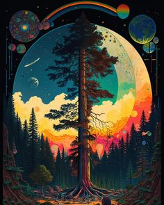 an image of a tree in the middle of a forest with planets and stars around it