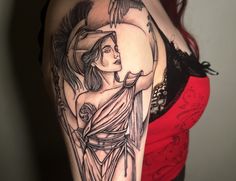 Athena: Goddess of War Portrait Tattoo In Black Ink By Lyric TheArtist at Iron Palm Tattoos. One of the strongest symbols of Feminine power, Athena is a poplar choice for clients wishing to display their inner empowerment. We're open until 2AM most nights. Call 404-973-7828 or stop by for a free consultation. Walk Ins are welcome. Portrait Tattoos, Strong Symbol, Athena Goddess, We're Open, Feminine Power, Black And Grey Tattoos